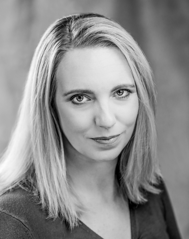 Black and white studio shot of Gillian Dean